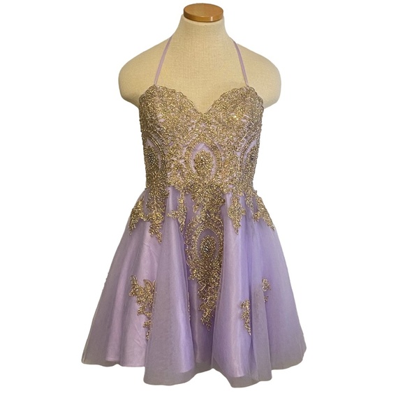 FIESTA FASHION Homecoming Purple Mesh Gold Sequin Prom Party Strapless Dress XL - Picture 1 of 16